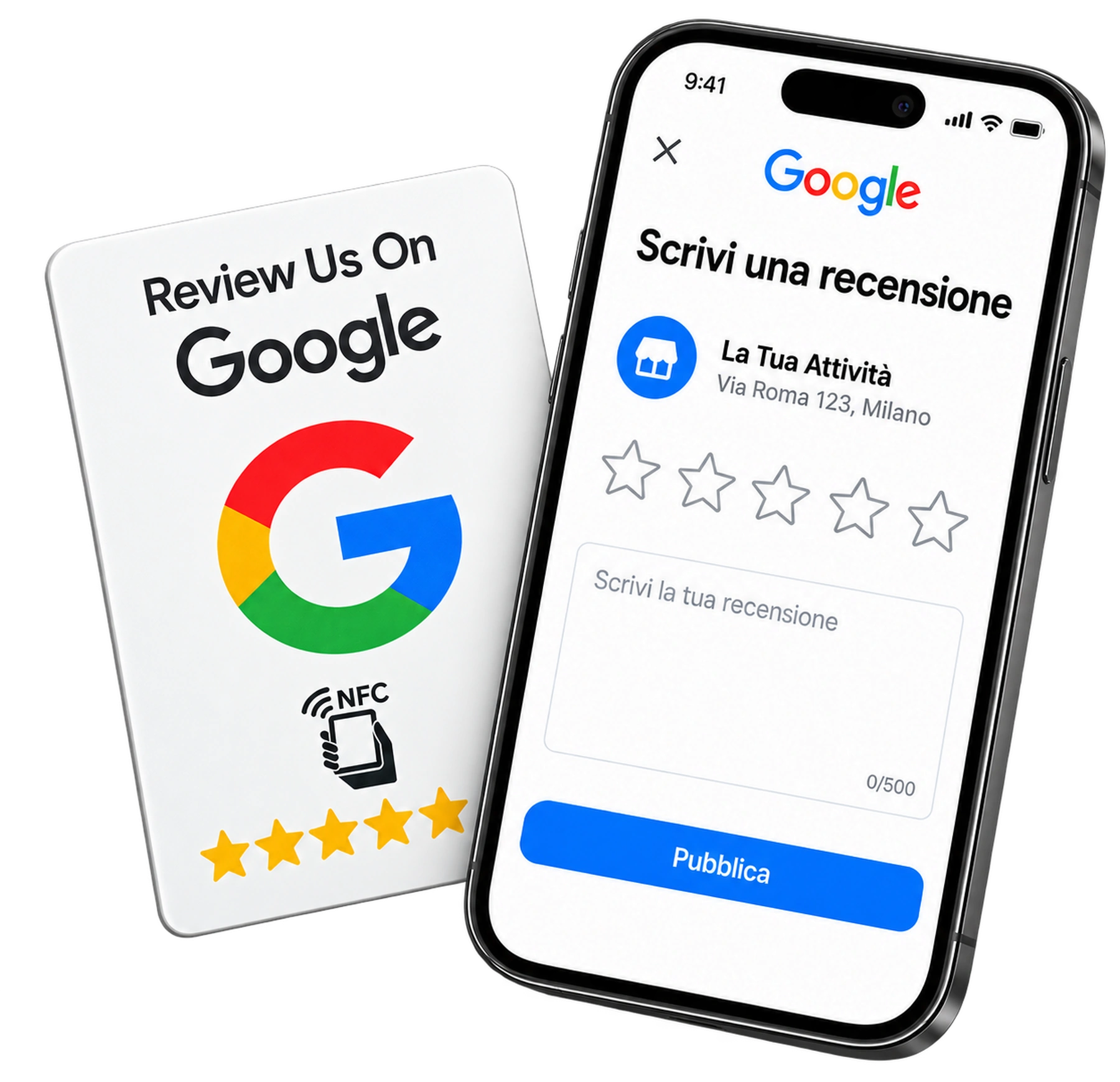 Review Card NFC accanto allo smartphone con pagina recensioni Google
