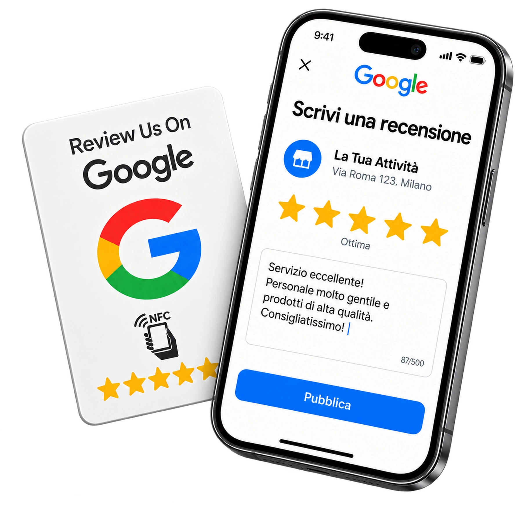 Smartphone con modulo per scrivere e pubblicare una recensione Google